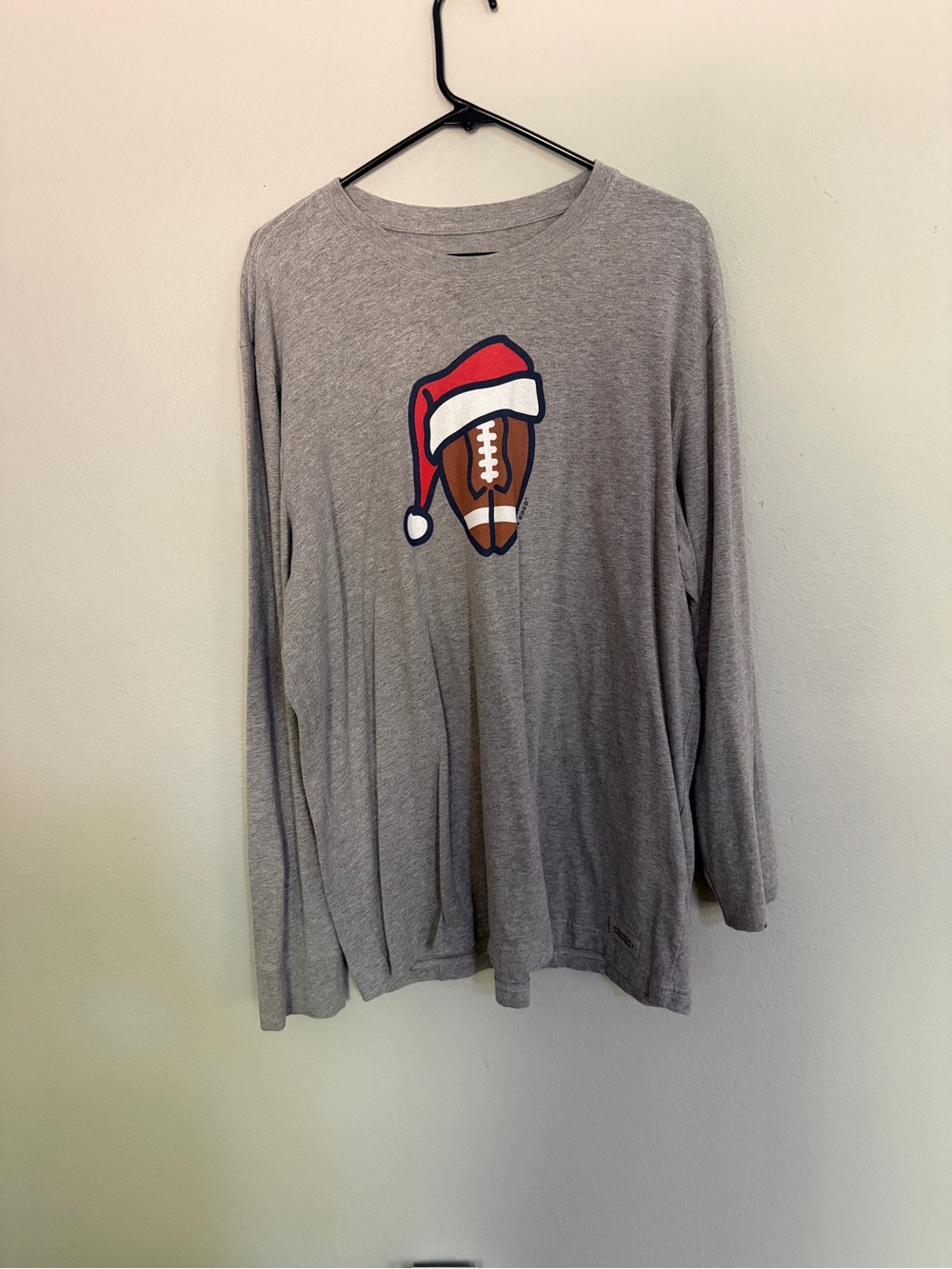 Life Is Good Gray Long-Sleeve Tee with Santa Football Graphic